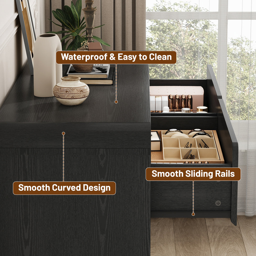 3 Piece Dresser Nightstand Set, 6 Drawer Dresser & 3 Drawer Nightstands set of 2, Modern Bedroom Furniture Set for Living Room, Black