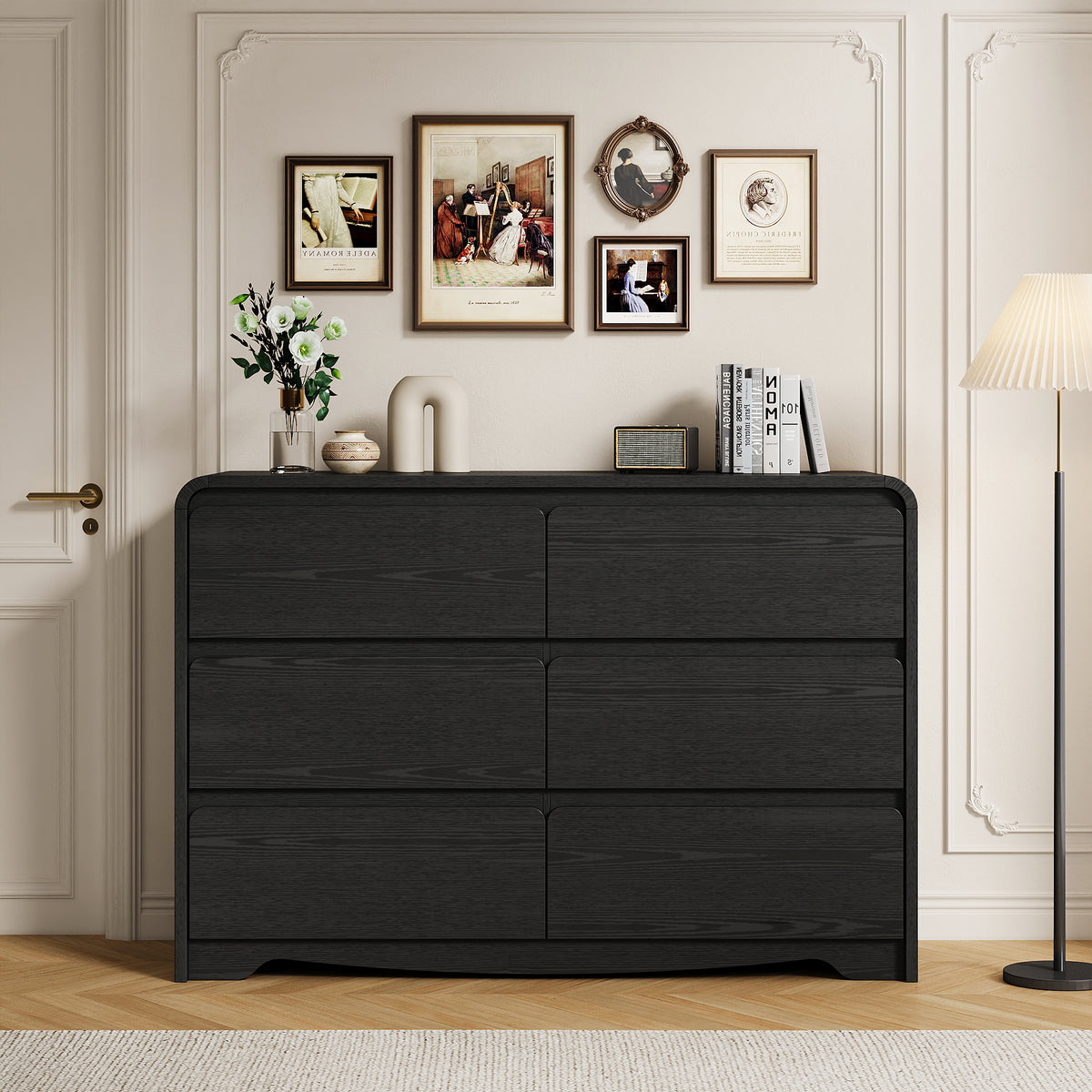 Modern 6 Drawers Dresser for Bedroom, 47.2" Wide Wood Dresser, Curved Dresser, Closet Storage Organize for Bedroom, Living Room, Hallway, Black