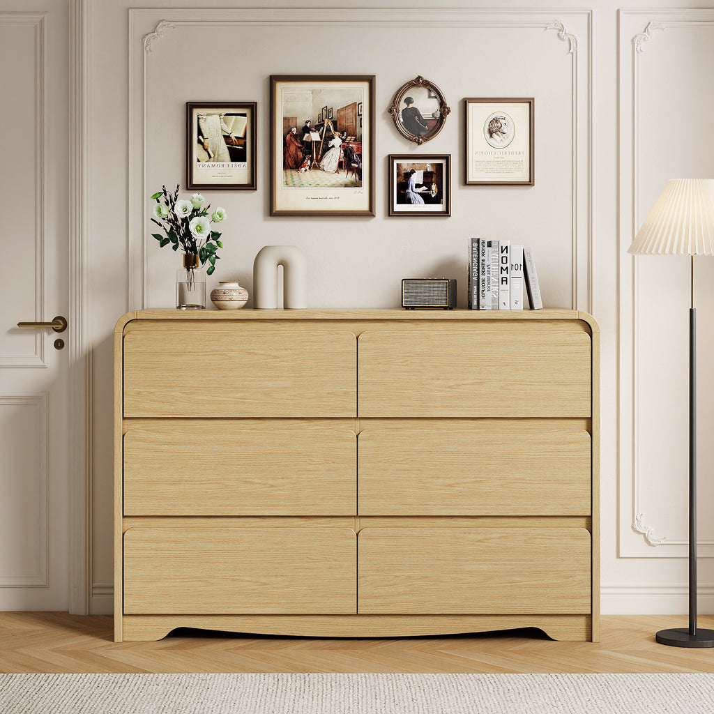 Modern 6 Drawers Dresser for Bedroom, 47.2" Wide Wood Dresser, Curved Dresser, Closet Storage Organize for Bedroom, Living Room, Hallway, Natural Oak